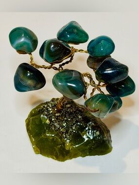 Green Agate Gemstone Bonsai Tree on Natural Stone Base 3” Decor